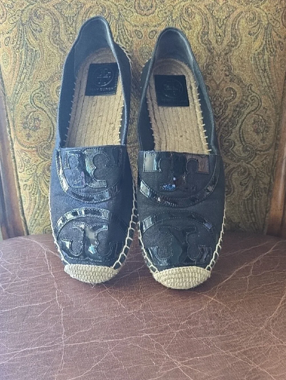 Tory Burch Black Espadrille Flats with Logo Appliqué